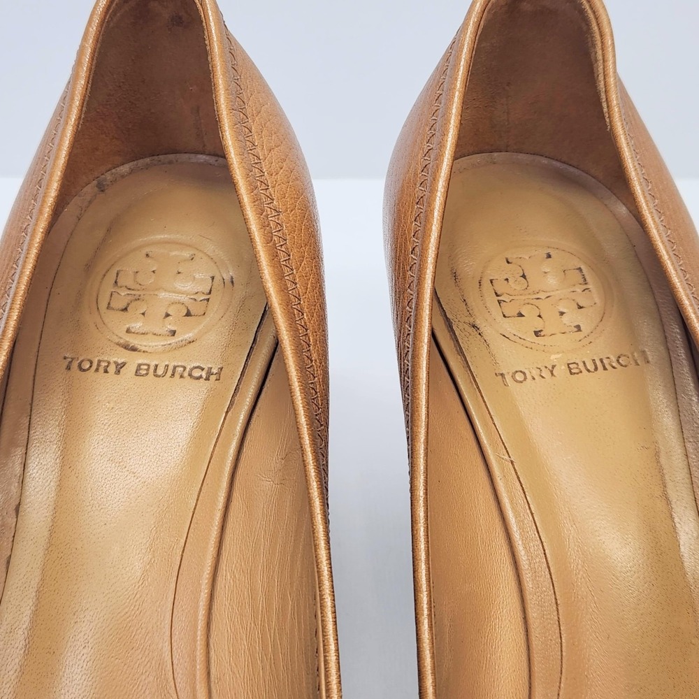 Tory Burch Shoes Womens Size 9** Brown Leather Peep Toe Wedge Logo Pumps - Picture 7 of 15